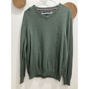 Tommy Hilfiger Sweater Mens L Green Cotton‎ V Neck Knit Long Sleeve Pullover